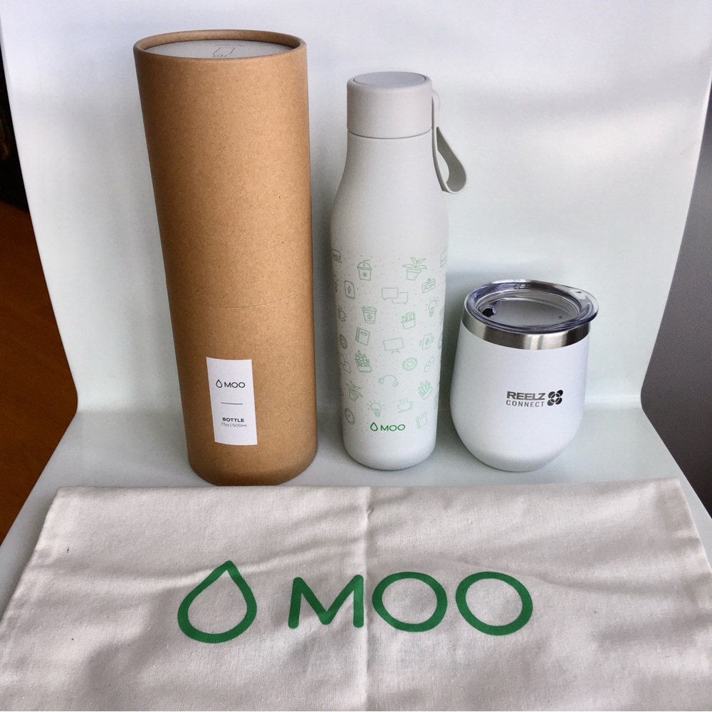 NIB MOO Water Bottle + Tote + Wine Tumbler with Lid